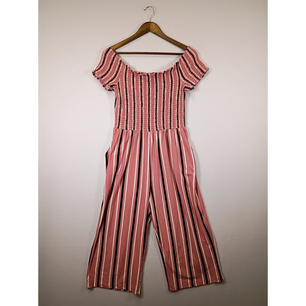 Boho Striped J for Justify Women XL Pink Smocked Wide Leg Jumpsuit Pockets‎